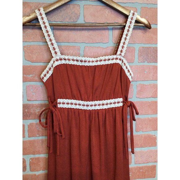 Vintage 70s Roberta California Dress Lace Trim Tie Sides Size 12 Empire Waist - Picture 2 of 8